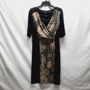 Connected Apparel Black Tan Patterned Wrap Top Slinky V-neck Midi Dress 12